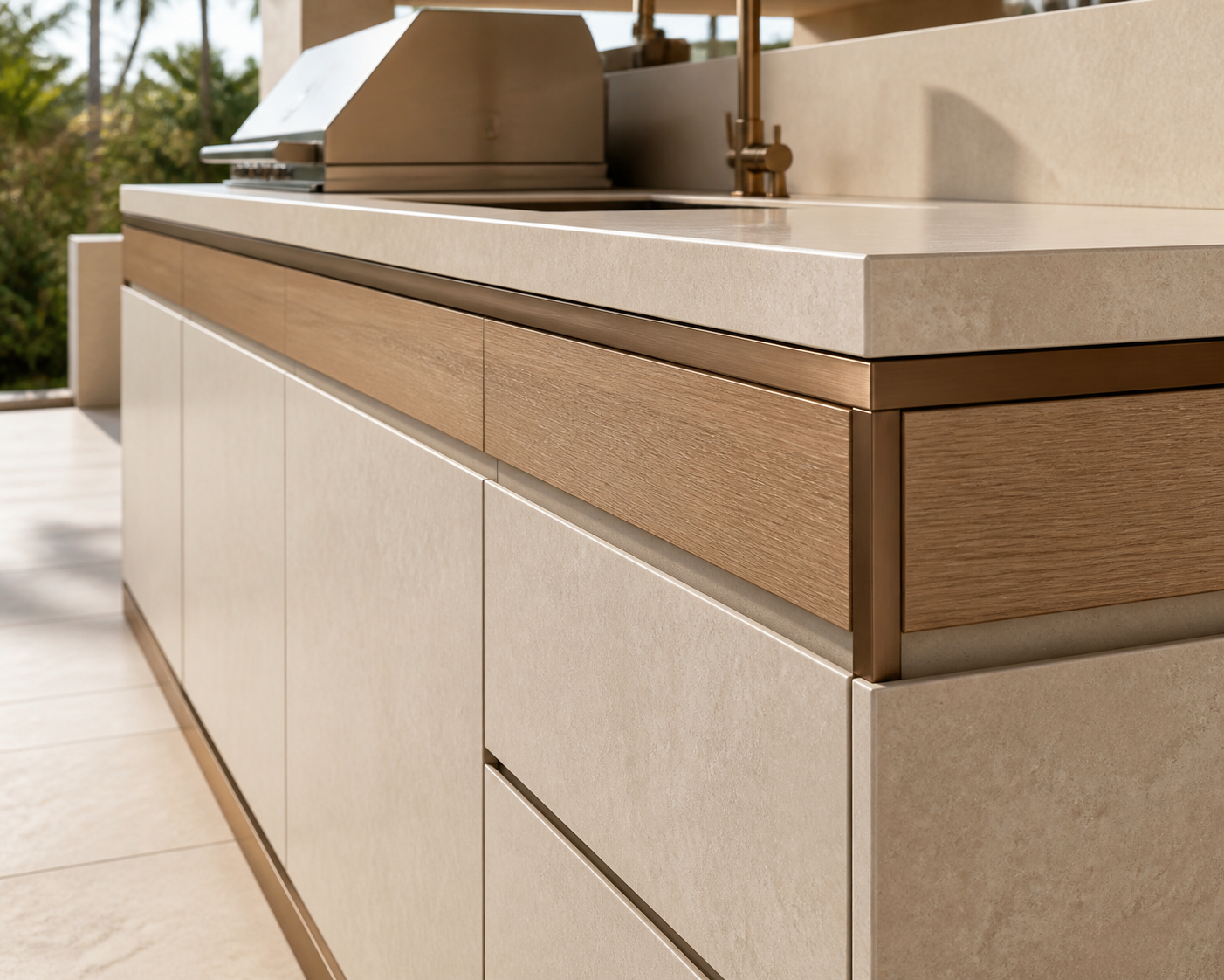 Fadior Horizon Outdoor Kitchen Suite with Limestone Pavilion Ribbon — close-up of stainless steel finish and hardware detail