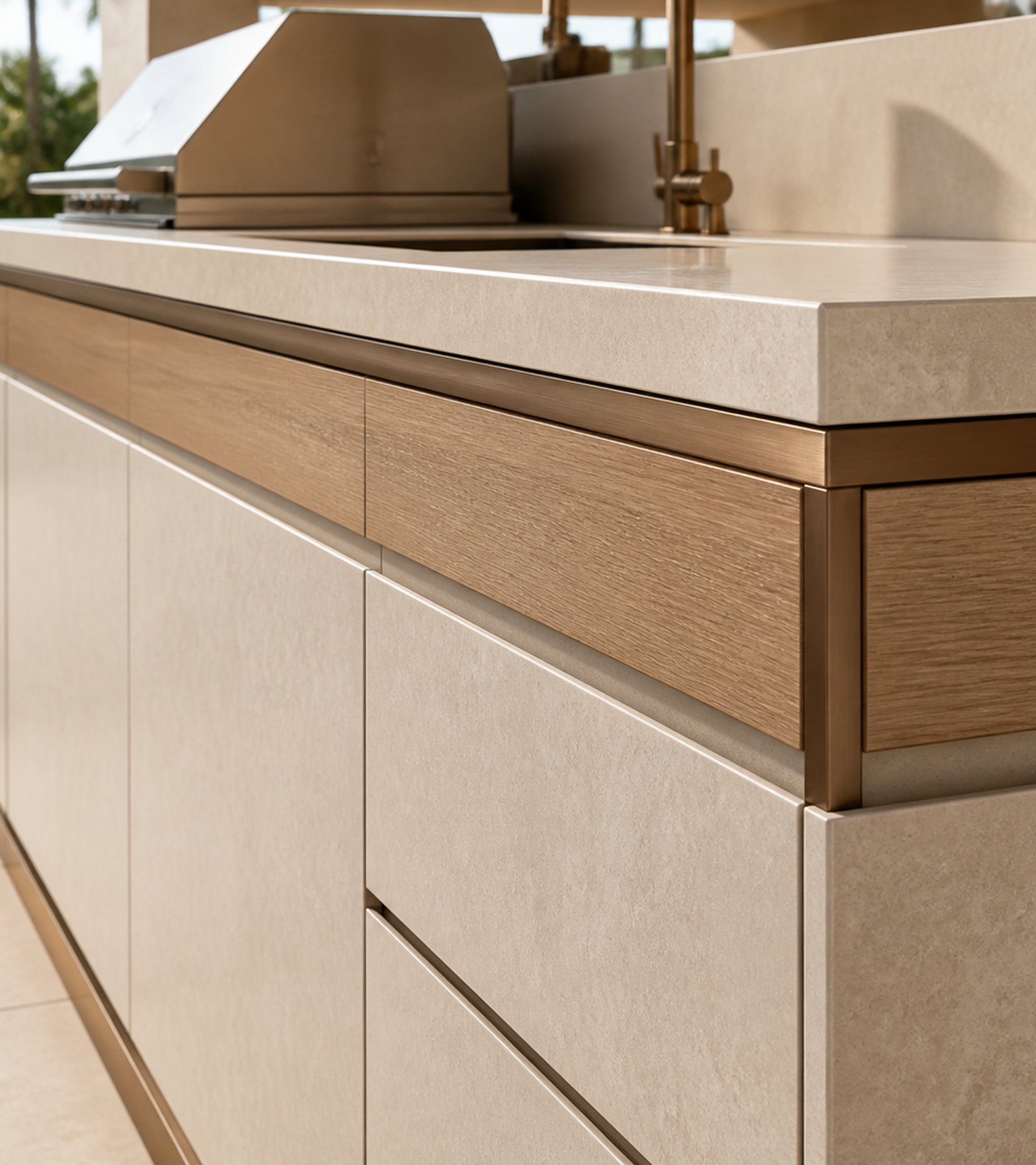 Fadior Horizon Outdoor Kitchen Suite with Limestone Pavilion Ribbon — close-up of stainless steel finish and hardware detail