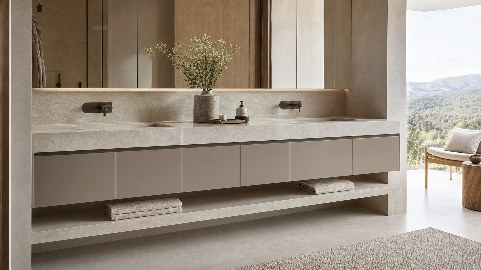 Fadior Alcove Bath and Vanity Suite with Quartzite Ledge Towel Console — lifestyle setting with natural light and