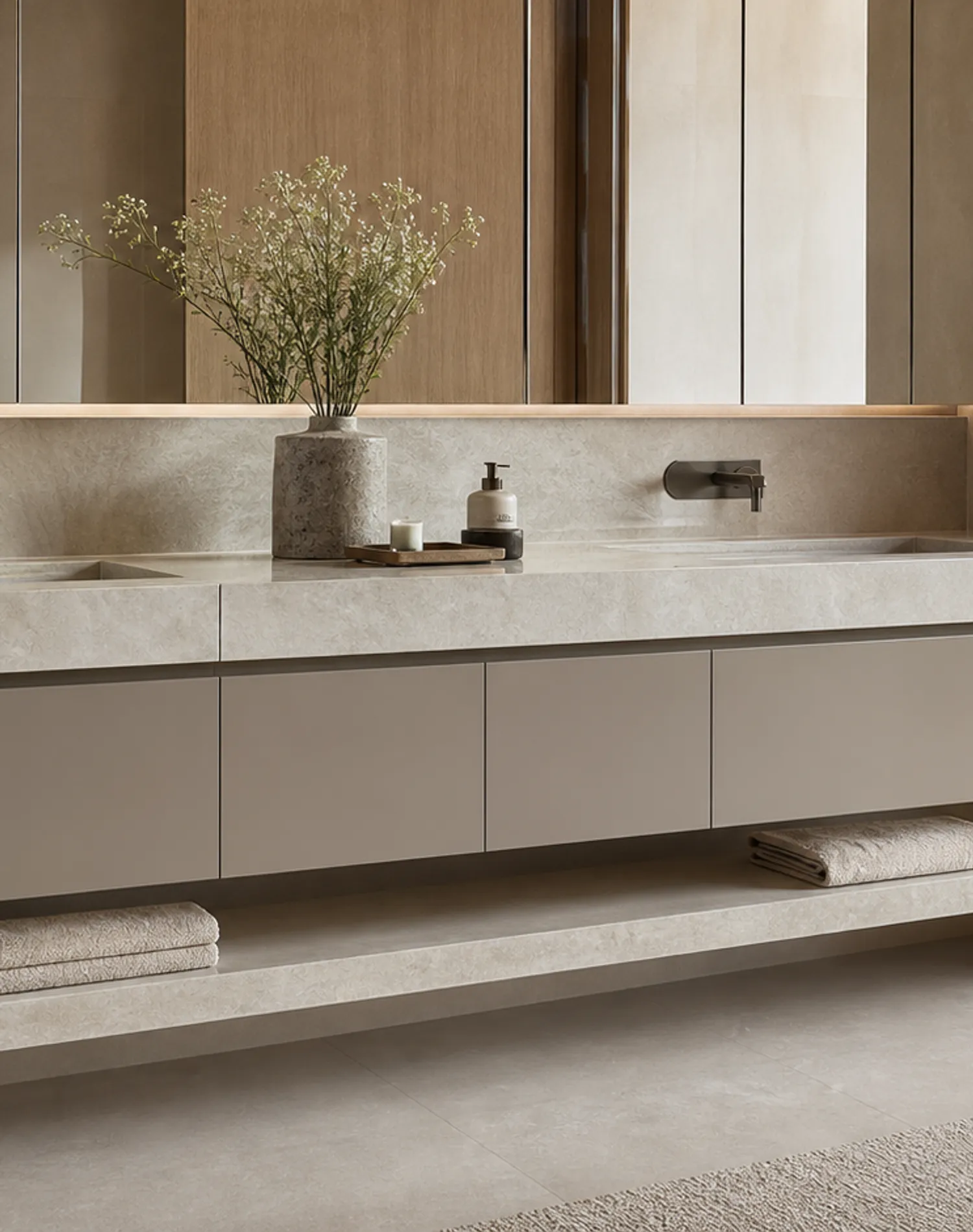 Fadior Alcove Bath and Vanity Suite with Quartzite Ledge Towel Console — lifestyle setting with natural light and