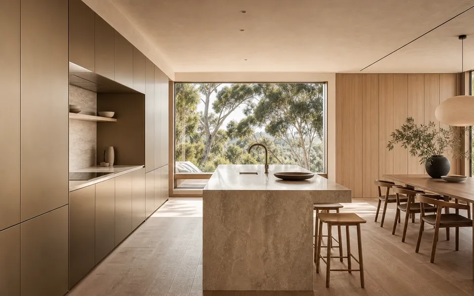 Apartamento de Cocina Minimalista de 150 m² en Sídney — proyecto Fadior con mobiliario en acero inoxidable 304