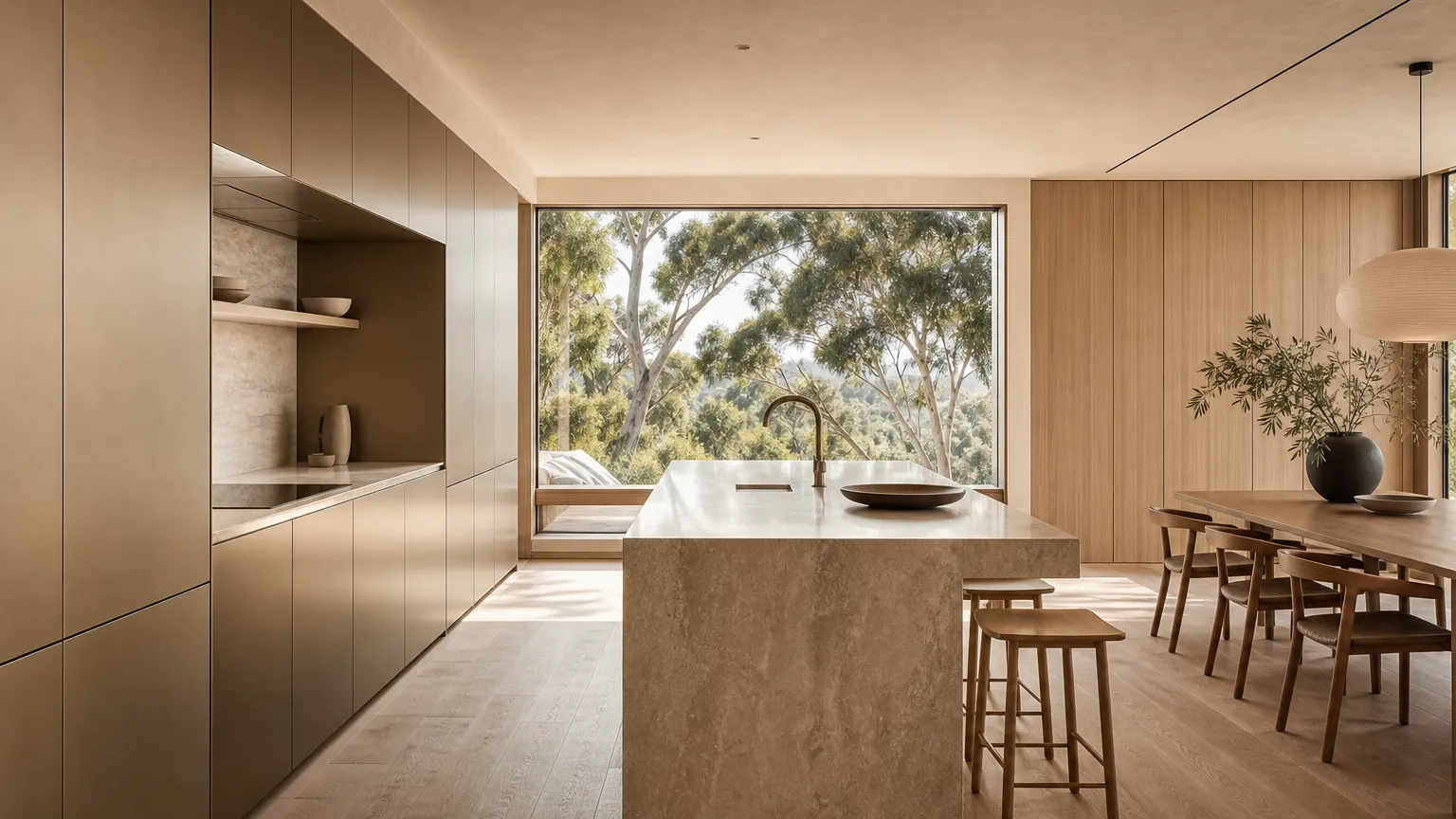 Minimalist kitchen with a stone island, timber cabinetry and a full-height garden window in a Fadior apartment project.