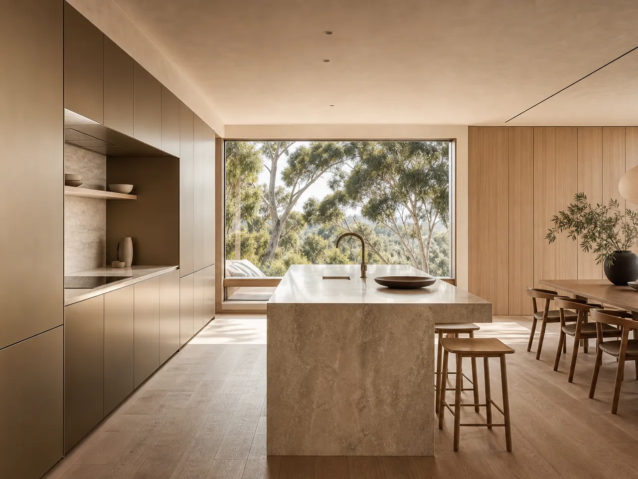 Minimalist kitchen with a stone island, timber cabinetry and a full-height garden window in a Fadior apartment project. — 304 stainless steel cabinetry editorial by Fadior