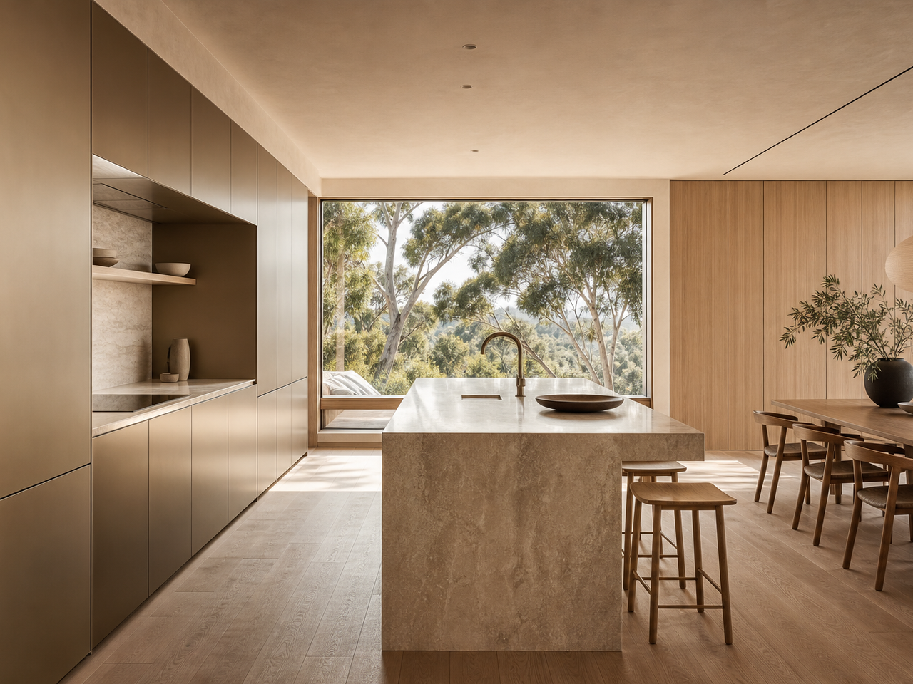 Fadior A Stainless Steel Kitchen That Remembers — champagne cabinet wall, stone island, oak dining table, timber floor, broad window, eucalyptus trees — 304 stainless steel cabinetry installation by Fadior