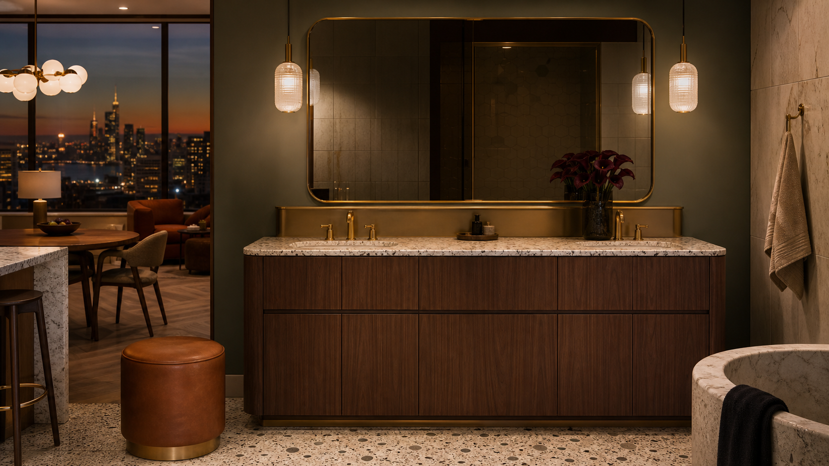 Fadior Verve Bath and Vanity Suite with Bronze Mirror Plinth — lifestyle setting with natural light and residential styling