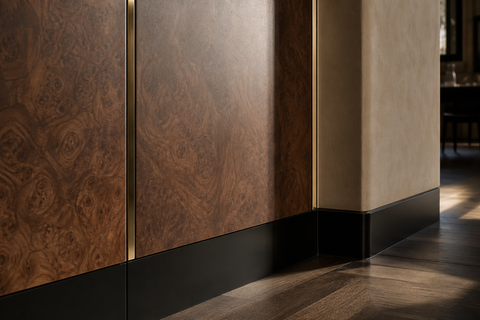 Fadior Miroir Wall Panel Suite with Rationalist Feature Wall — close-up of stainless steel finish and hardware detail