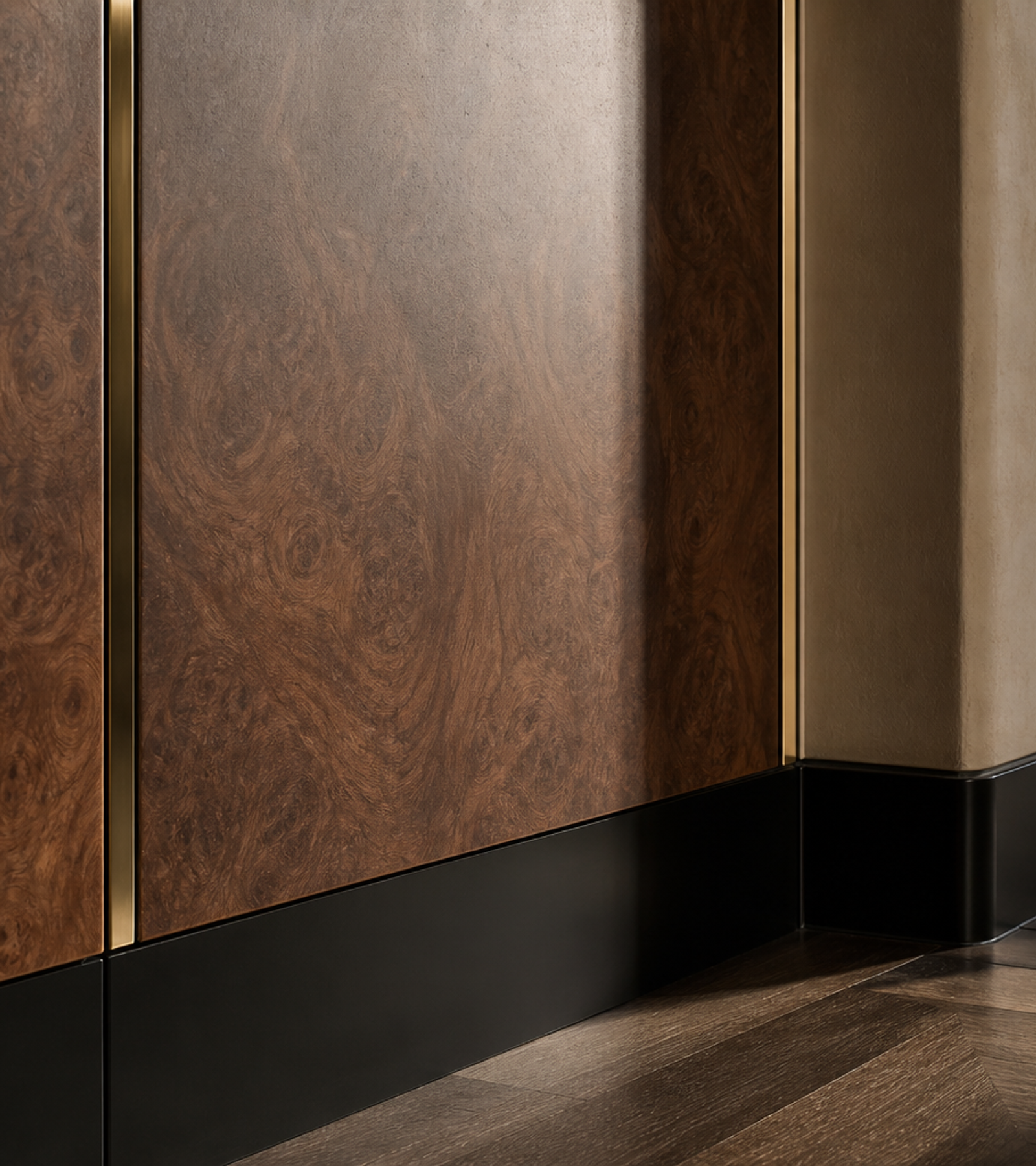 Fadior Miroir Wall Panel Suite with Rationalist Feature Wall — close-up of stainless steel finish and hardware detail