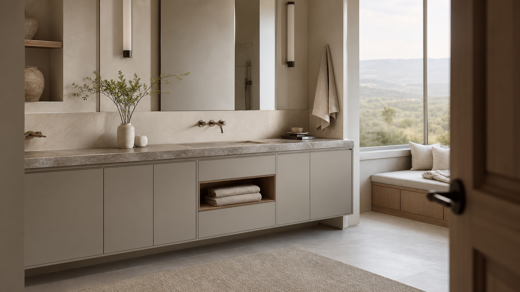 Fadior Nacre Bath and Vanity Suite with Linen Niche Towel Bridge — lifestyle setting with natural light and residential