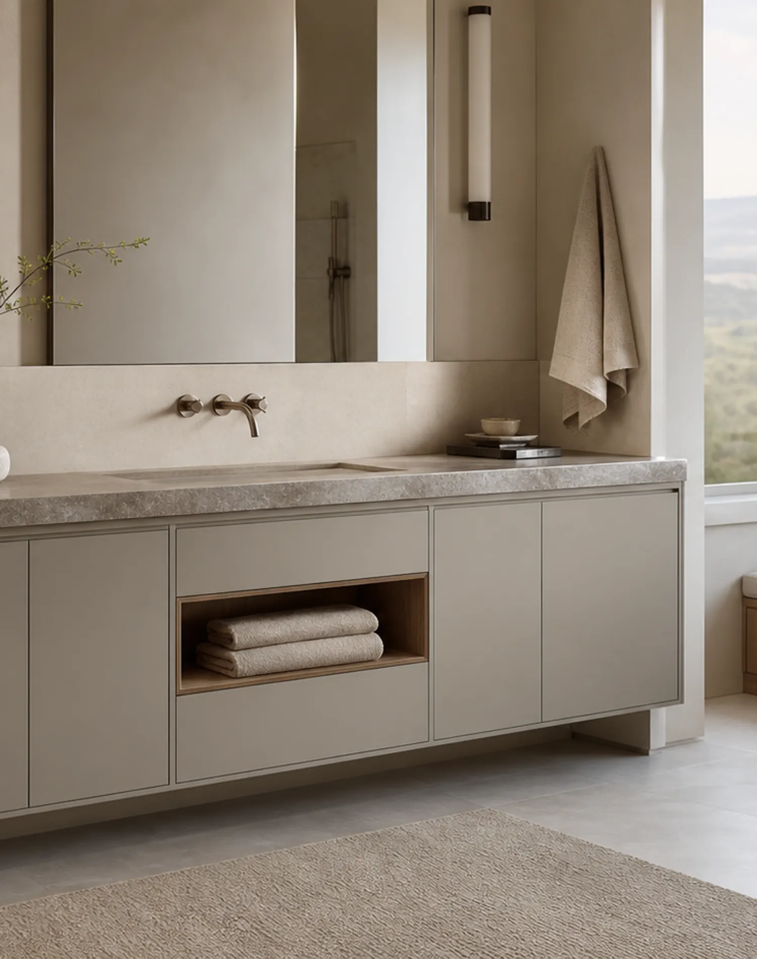 Suite de Baño y Tocador Nacre con Puente de Toallas de Lino en Niche estudio de adaptación