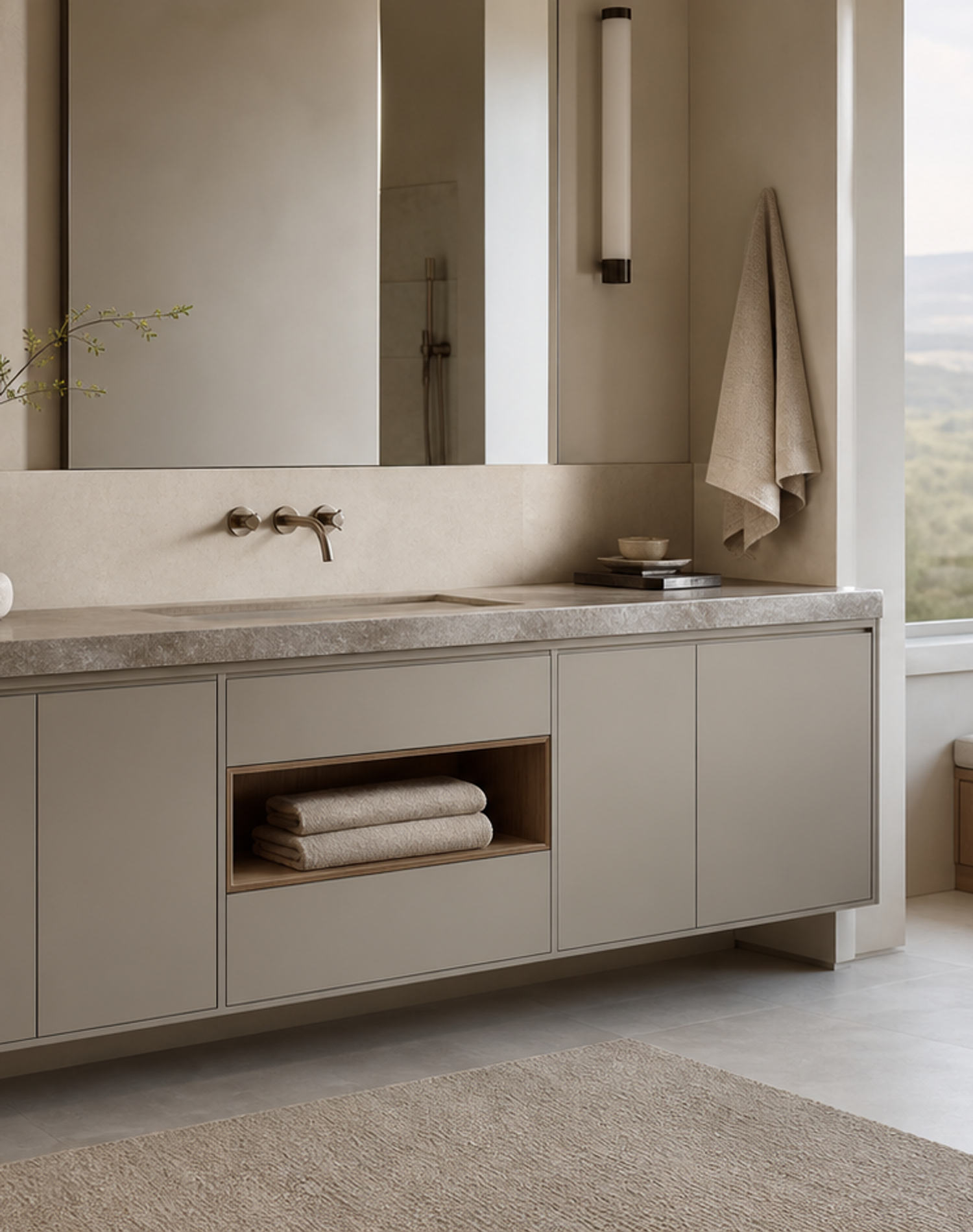 Fadior Nacre Bath and Vanity Suite with Linen Niche Towel Bridge — lifestyle setting with natural light and residential