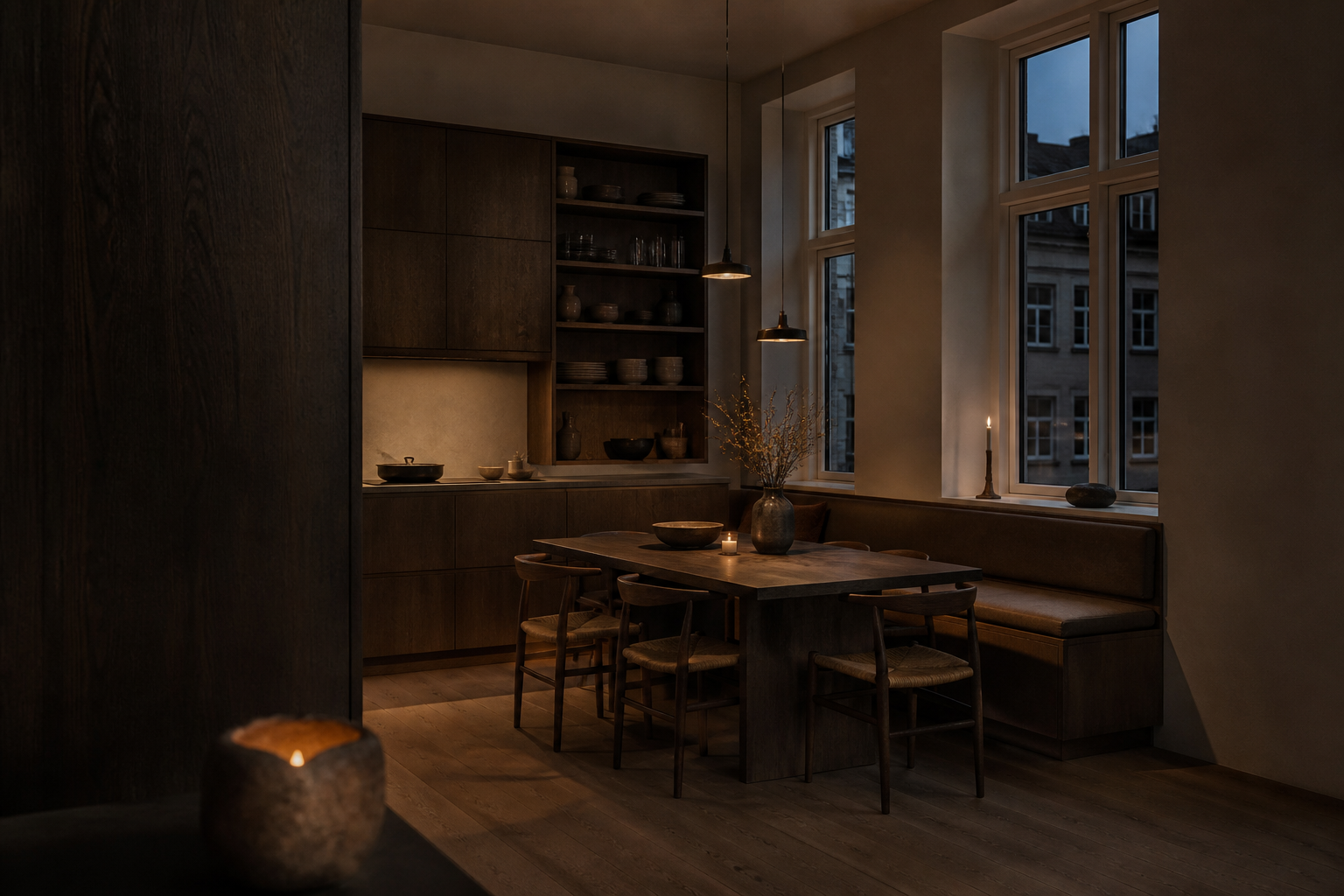 Fadior Copenhagen 140 sqm Kitchen Apartment — A dark built-in kitchen and dining room with a tall cabinet wall,