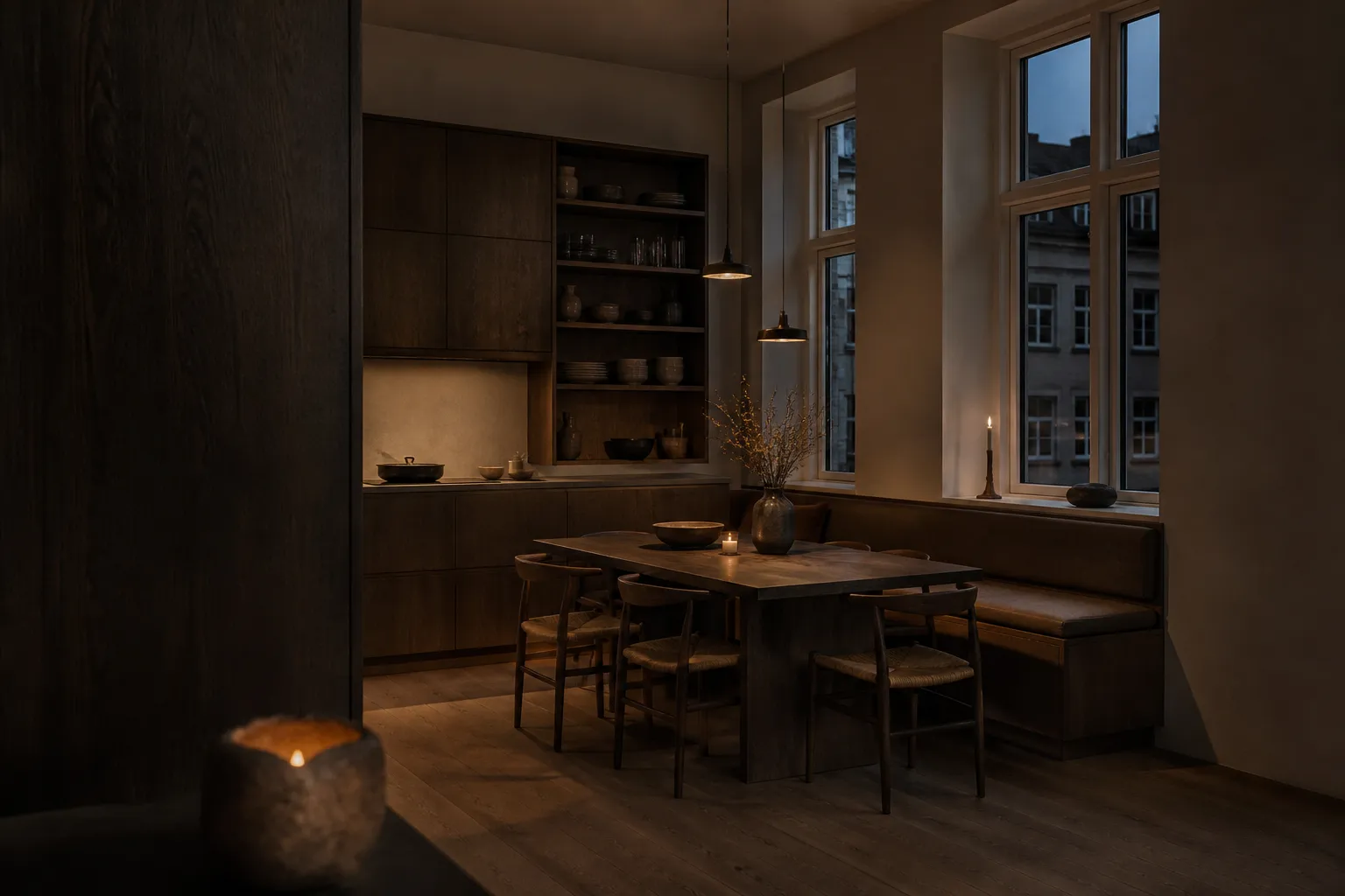 Fadior Copenhagen 140 sqm Kitchen Apartment — A dark built-in kitchen and dining room with a tall cabinet wall,
