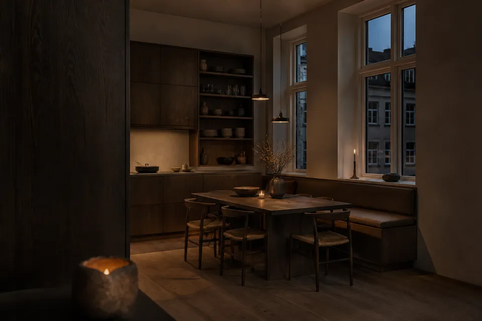 Fadior Copenhagen 140 sqm Kitchen Apartment — A dark built-in kitchen and dining room with a tall cabinet wall,