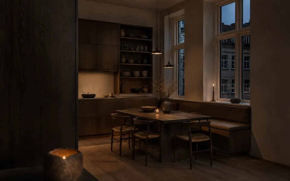 Fadior Copenhagen 140 sqm Kitchen Apartment — A dark built-in kitchen and dining room with a tall cabinet wall, — 304 stainless steel cabinetry installation by Fadior