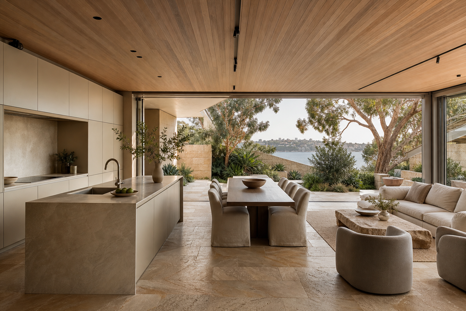 Fadior Sydney Garden Courtyard Villa — kitchen island, dining table, lounge chairs, eucalyptus trees, harbour water