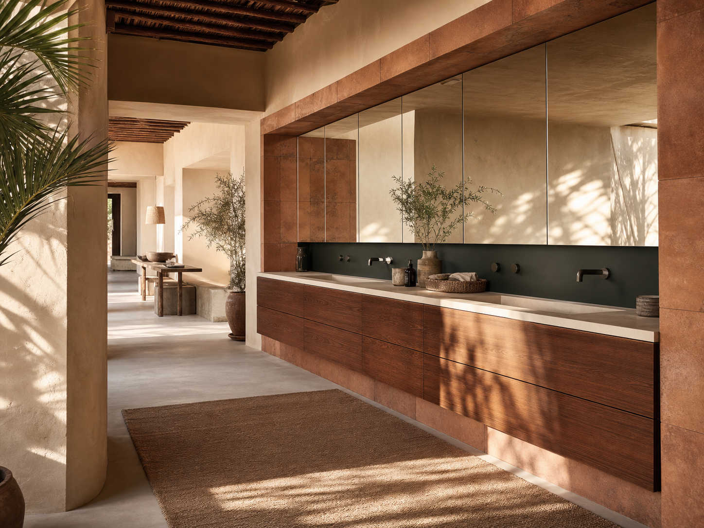 Fadior Verve Bath and Vanity Suite with Basalt Ribbon Wash Niche — interior room context showing cabinet integration