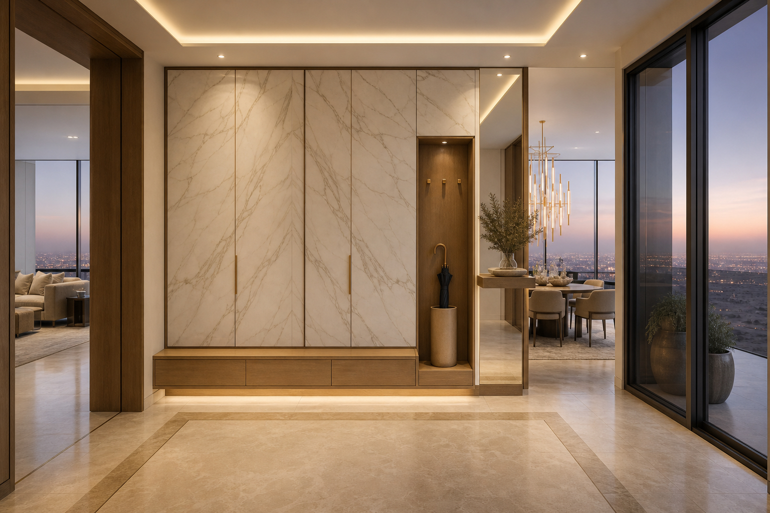 Fadior Ecliptic Entryway Suite with Oak Umbrella Bay — interior room context showing cabinet integration