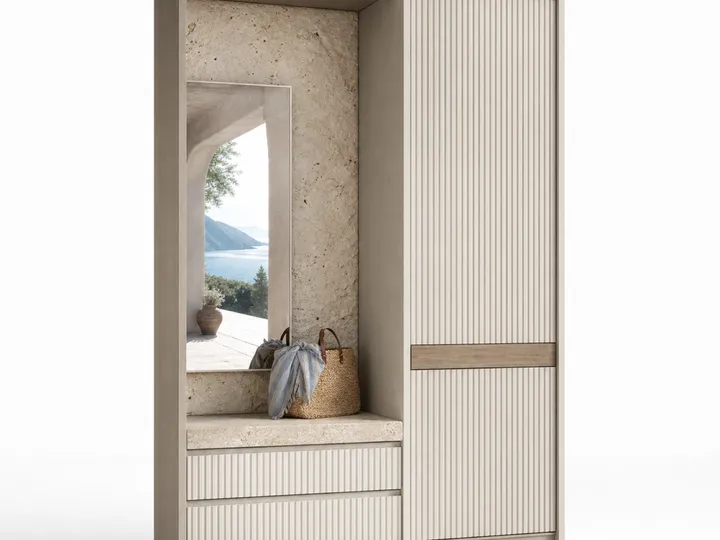 Fadior Loggia Entryway Suite with Reeded Parcel Valet — 304 stainless steel entryway system, front view