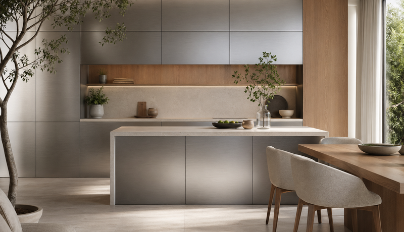 Kitchen atmosphere study: brushed 304 stainless steel cabinetry with warm oak accents and a calm healthy-home mood.