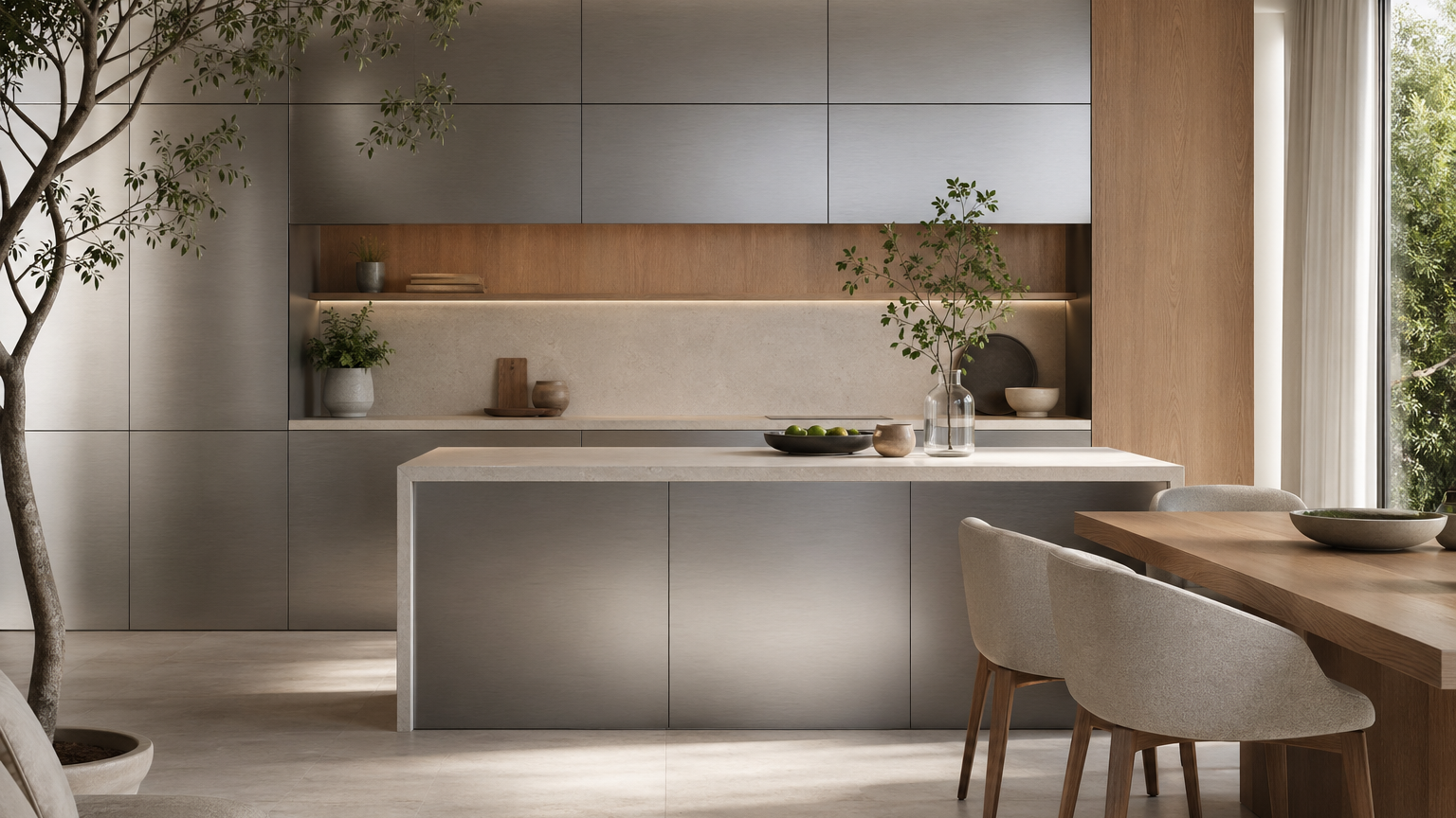 Kitchen atmosphere study: brushed 304 stainless steel cabinetry with warm oak accents and a calm healthy-home mood.
