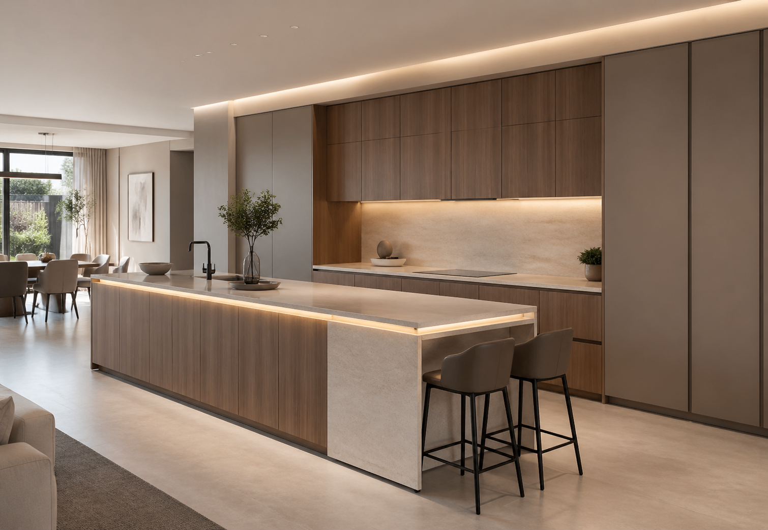 Fadior Pavilion Kitchen Suite with Integrated Light Band Island — interior room context showing cabinet integration