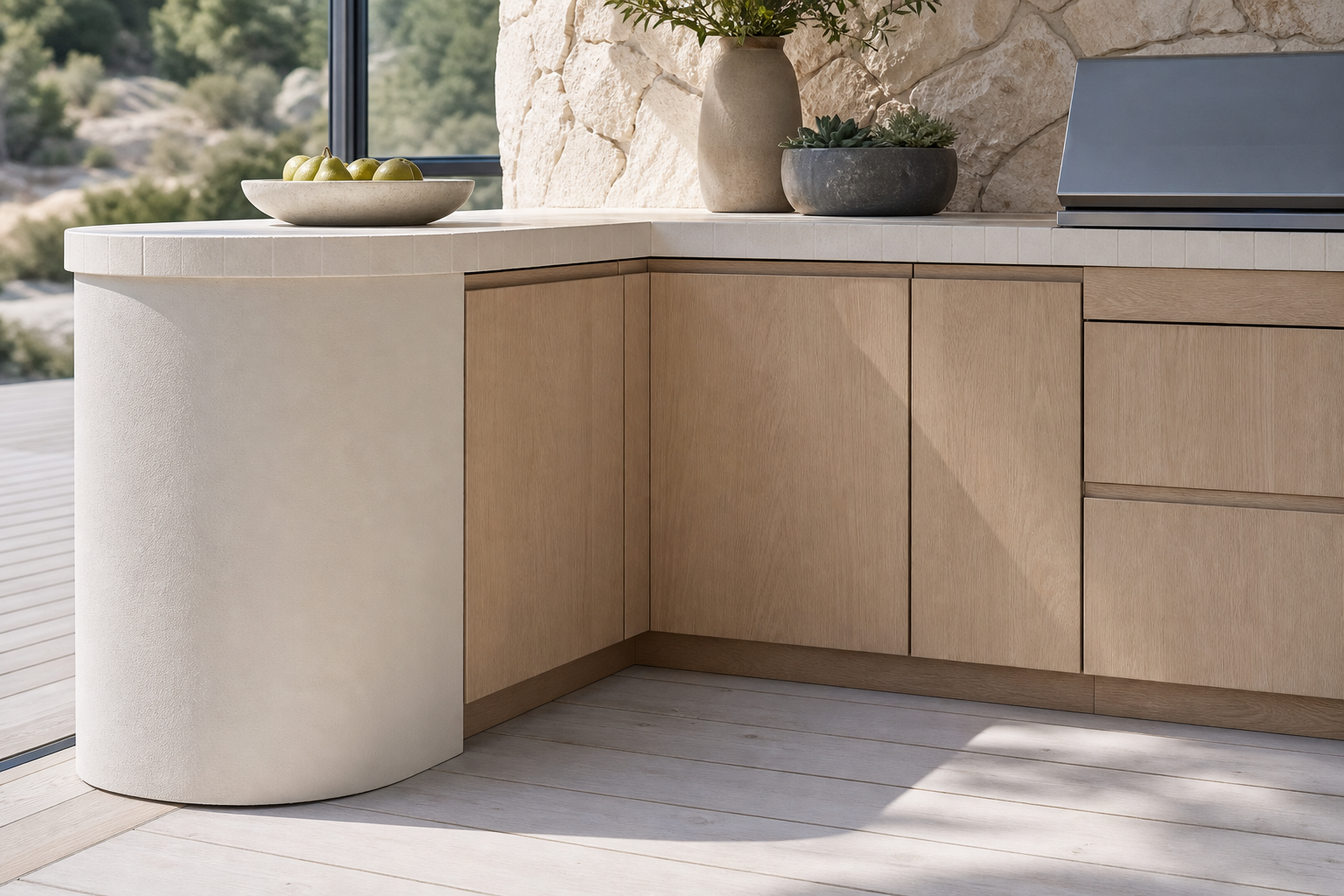 Fadior Vantage Outdoor Kitchen with Arc Hearth Prep Bay — close-up of stainless steel finish and hardware detail
