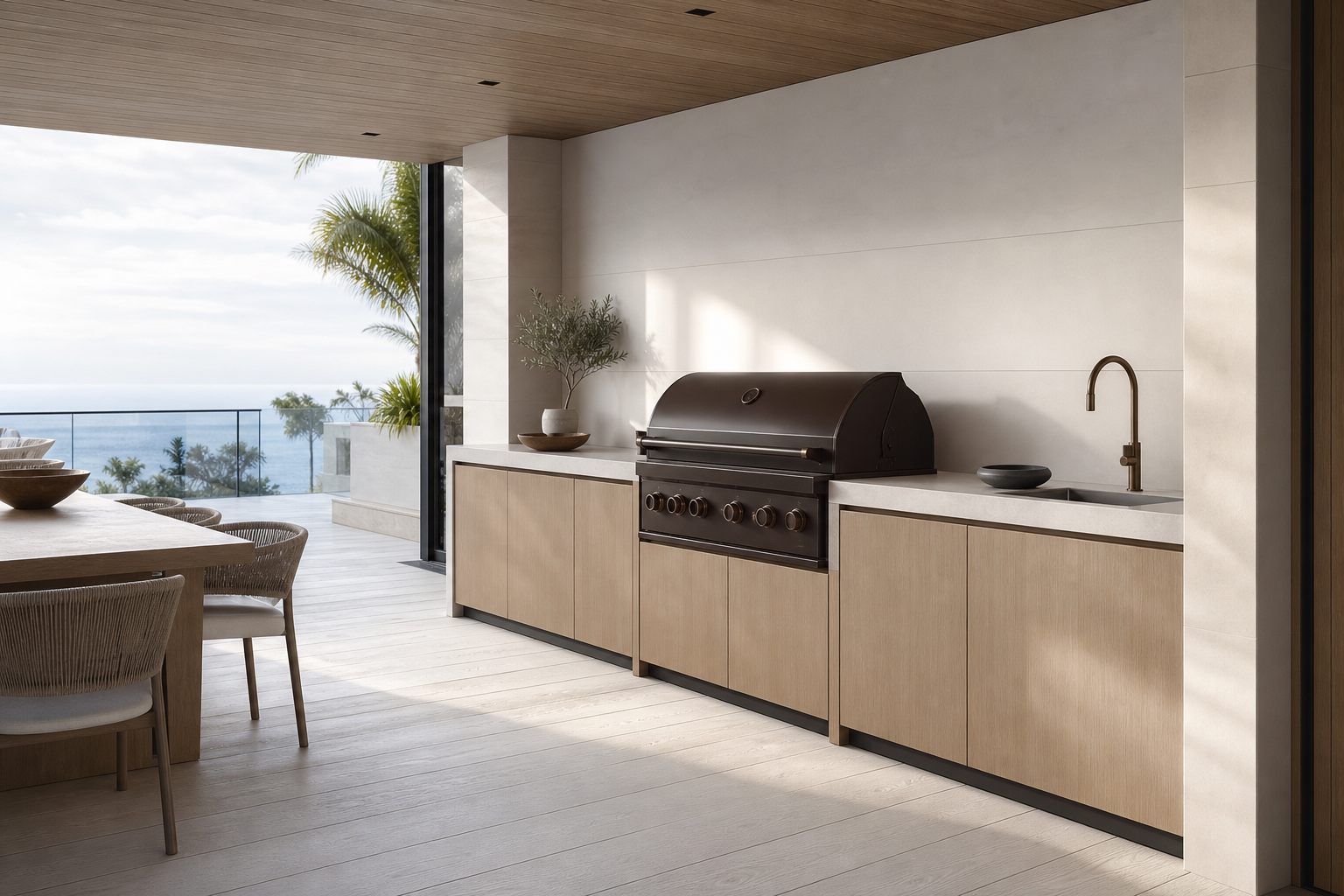 Fadior Vantage Outdoor Kitchen Suite with Cafe Bronze Grill Workwall — interior room context showing cabinet integration