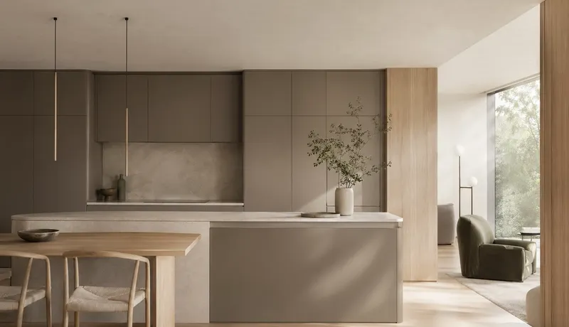 Fadior Kitchen atmosphere study: warm gray cabinetry, pale stone, oak accents, — 304 stainless steel cabinetry editorial by Fadior