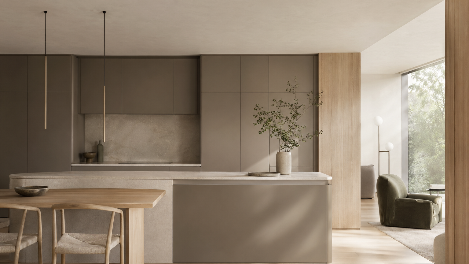 Kitchen atmosphere study: warm gray cabinetry, pale stone, oak accents, and a calm minimalist layout for an editorial quiet-materiality story.