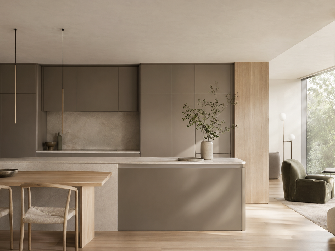 Kitchen atmosphere study: warm gray cabinetry, pale stone, oak accents, and a calm minimalist layout for an editorial quiet-materiality story. — 304 stainless steel cabinetry editorial by Fadior