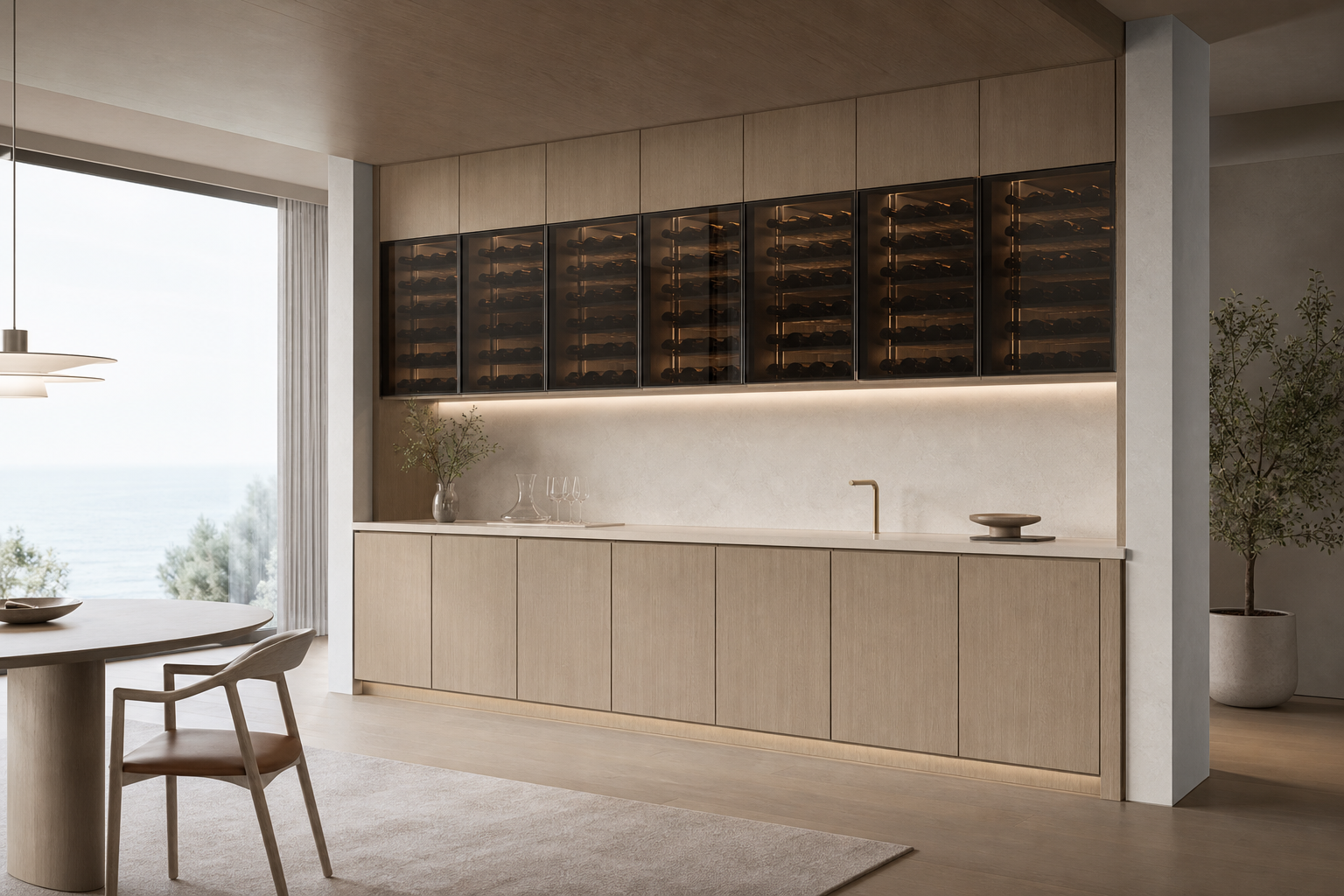 Fadior Cru Architectural Cellar Service Wall - built-in stainless steel wine cabinet with bottle display, glass-front storage, lighting, and closed reserve storage