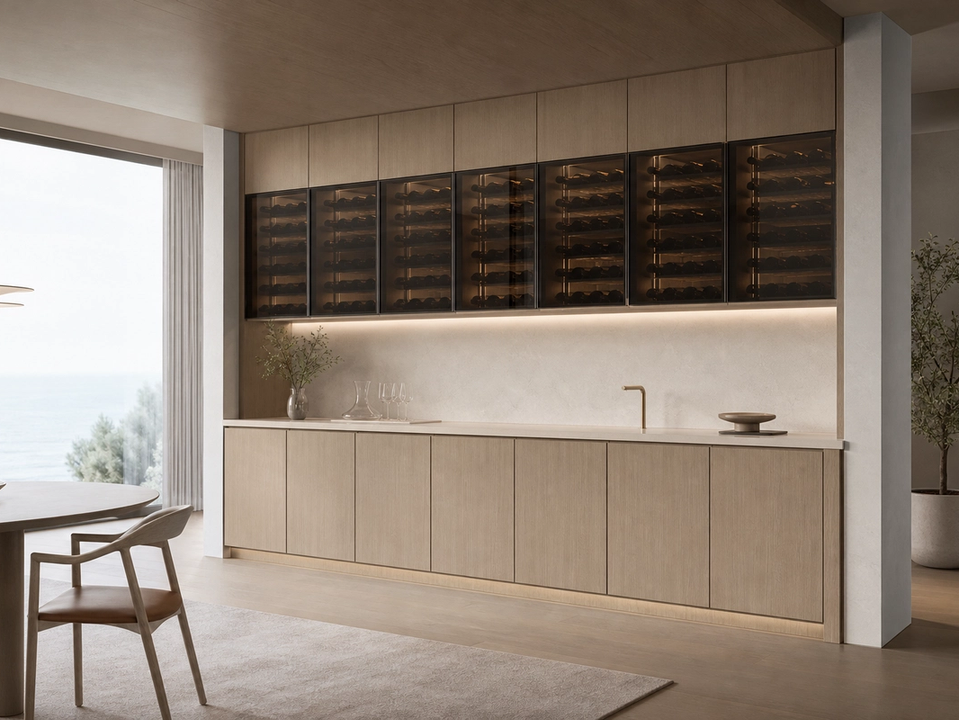 Fadior Cru Architectural Cellar Service Wall — 304 stainless steel wine cabinet system, front view