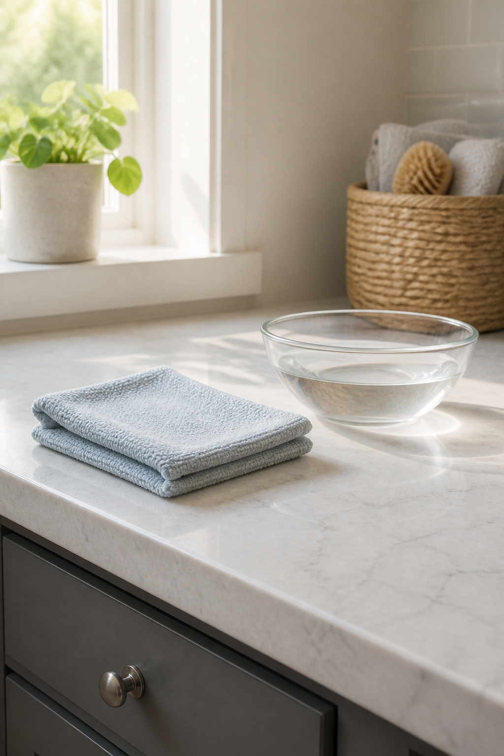 Soft cloth and clear water beside a pale stone kitchen sink