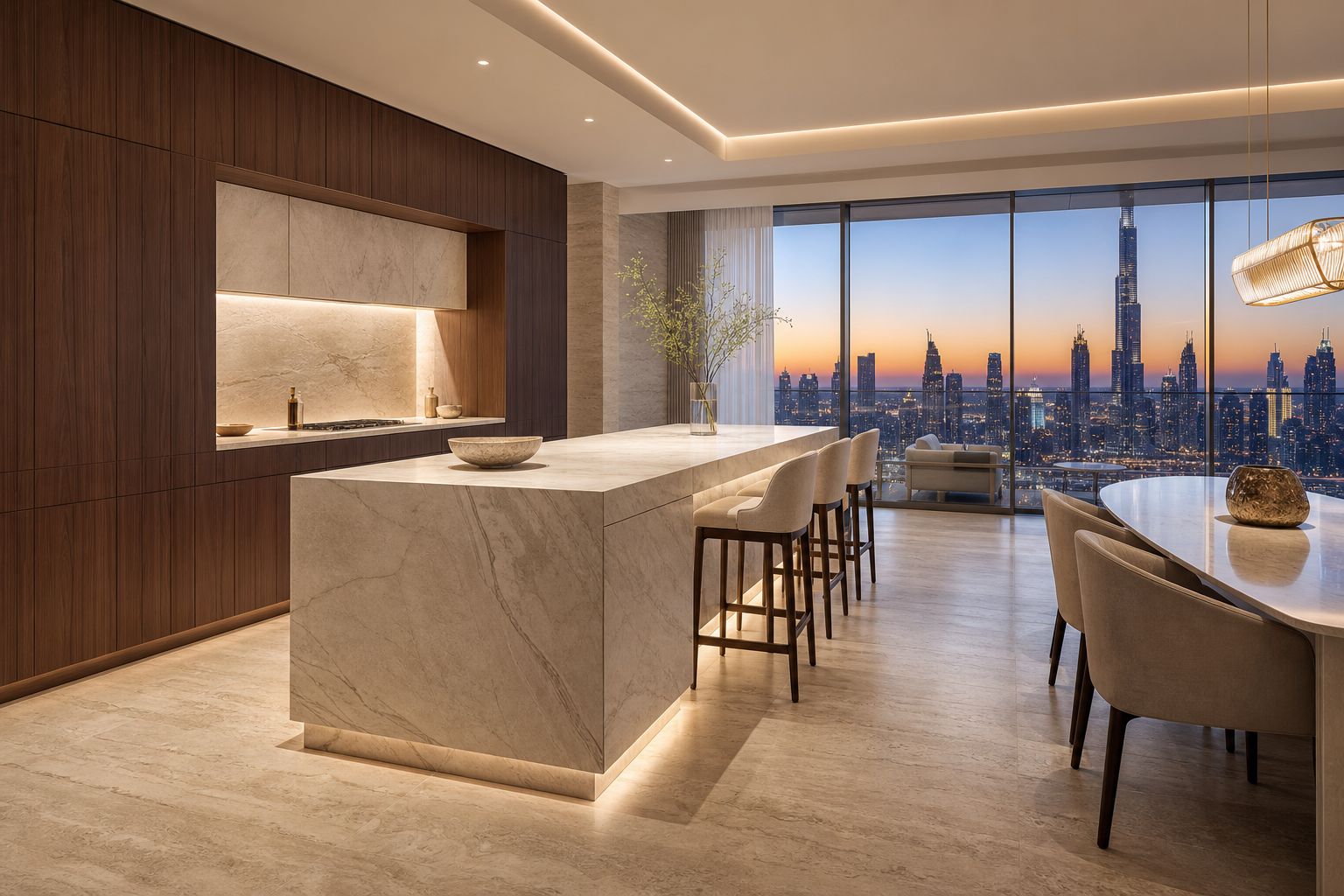 Fadior Dubai 220 sqm Kitchen Penthouse — Fadior Dubai finish setting — marble counter, walnut cabinet, travertine floor,