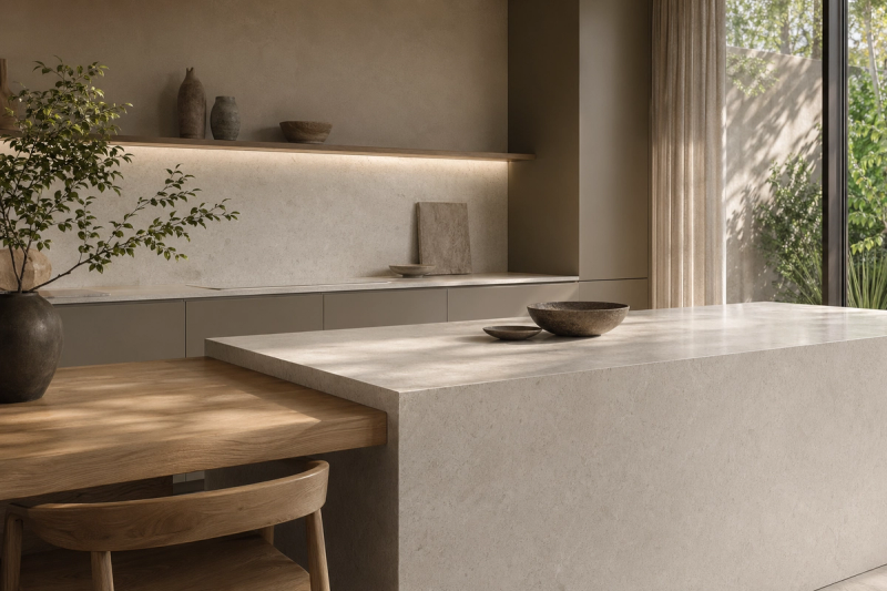 Material mood study: pale mineral surface, soft oak detail, and muted cabinetry tones under diffused daylight.