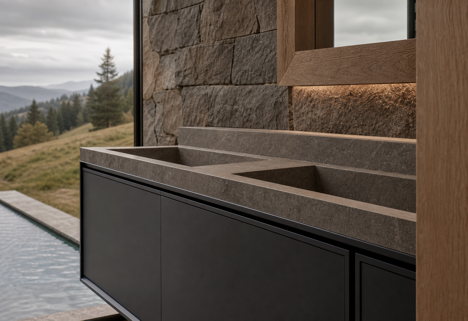 Fadior Verve Bath and Vanity Suite with Twin Glow Basin Ledge — close-up of stainless steel finish and hardware detail