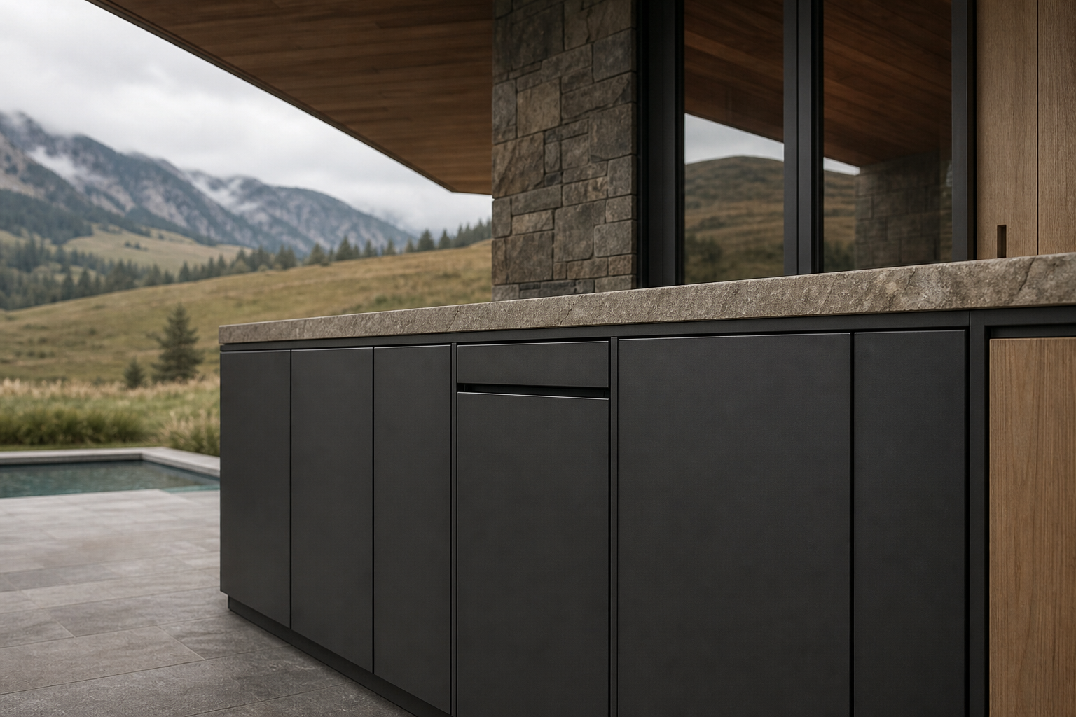 Fadior Horizon Outdoor Kitchen Suite with Panel Ready Chef Veranda — close-up of stainless steel finish and hardware detail