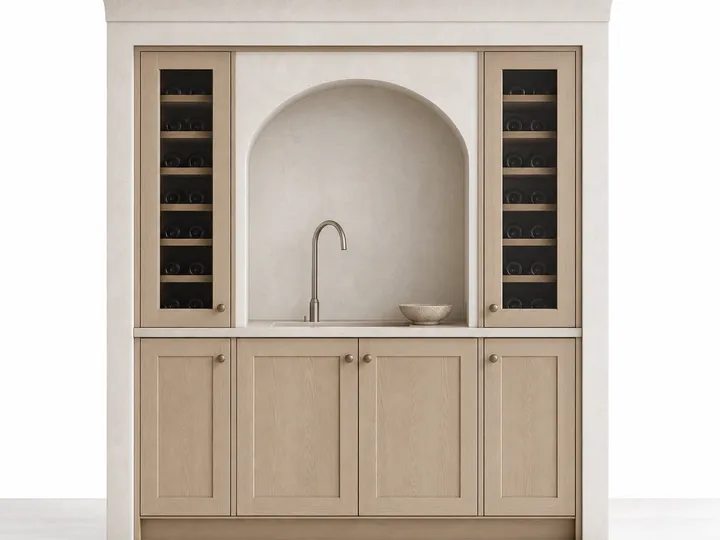 Fadior Grotto Wine Cabinet Suite with Bottle Rinse Arcade — 304 stainless steel wine cabinet system, front view