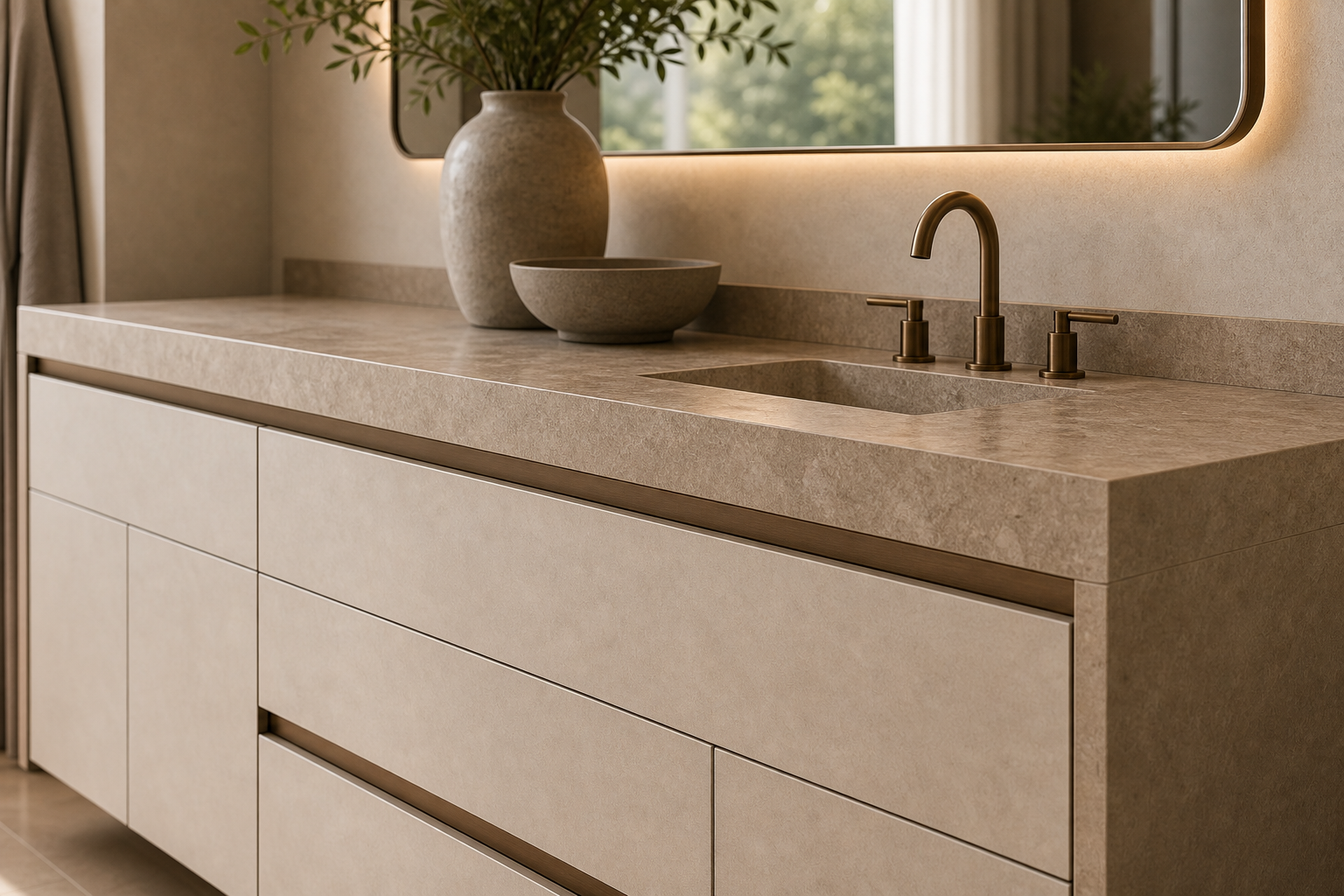 Fadior Alcove Bath and Vanity Suite with Sculpted Mirror Ribbon — close-up of stainless steel finish and hardware detail