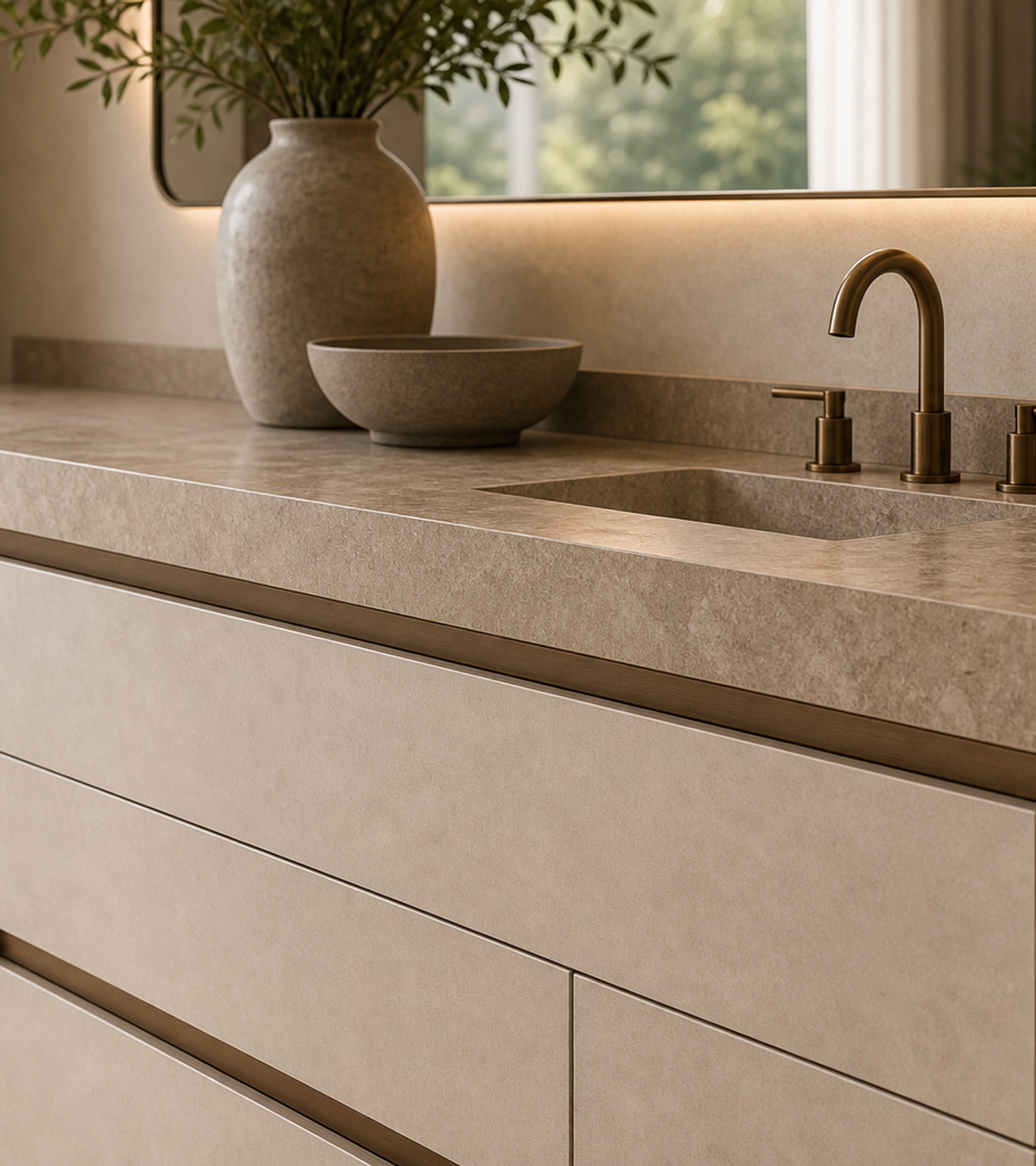 Fadior Alcove Bath and Vanity Suite with Sculpted Mirror Ribbon — close-up of stainless steel finish and hardware detail