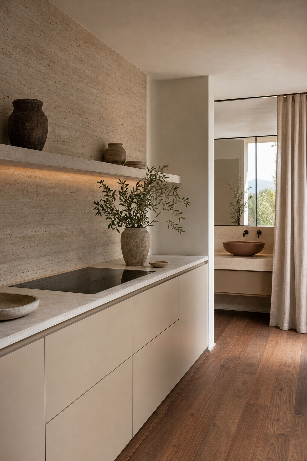 Fadior The Designer’s Canvas: How Fantini and SieMatic Are Redefining the Luxury Kitchen and Bath as a Unified Sensory Experience — kitchen counter, cabinet fronts, stone wall, olive branches, curtain, vanity basin