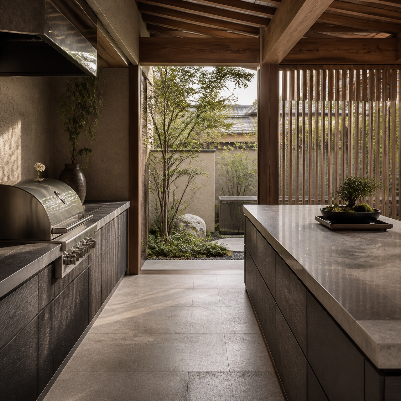 Fadior Horizon Outdoor Kitchen Suite with Tidepool Tasting Counter — interior room context showing cabinet integration