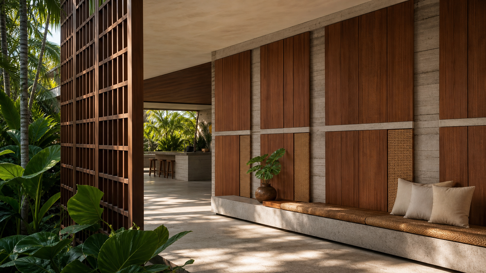 Fadior Terrazzo Wall Panel Suite with Segmented Bench Backdrop — lifestyle setting with natural light and residential styling