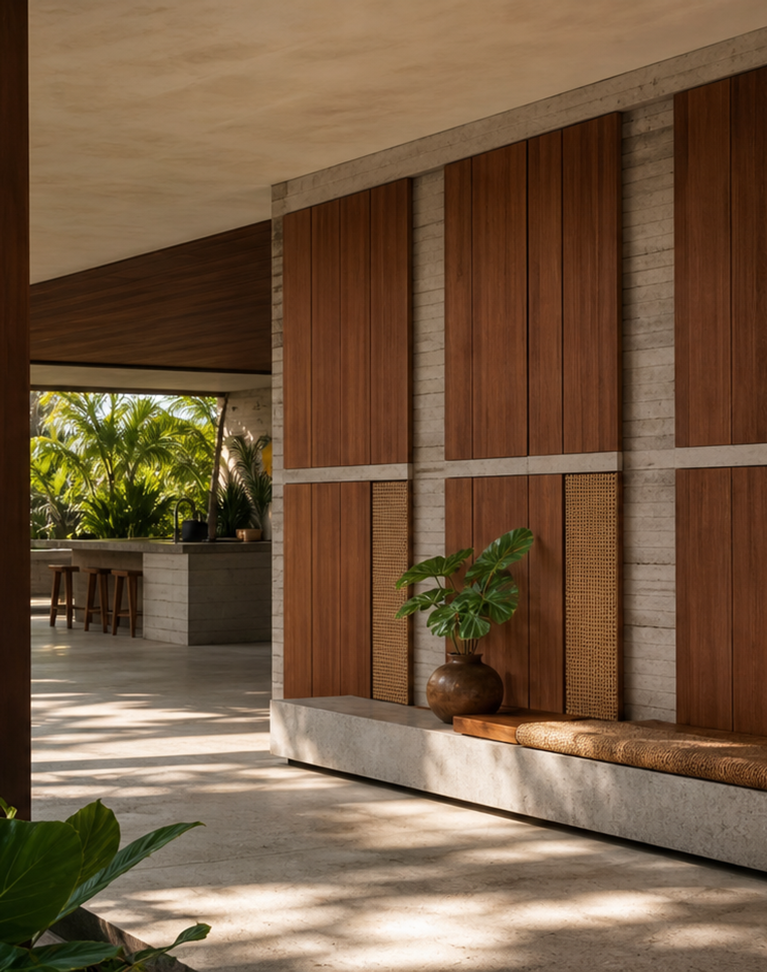 Fadior Terrazzo Wall Panel Suite with Segmented Bench Backdrop — lifestyle setting with natural light and residential styling