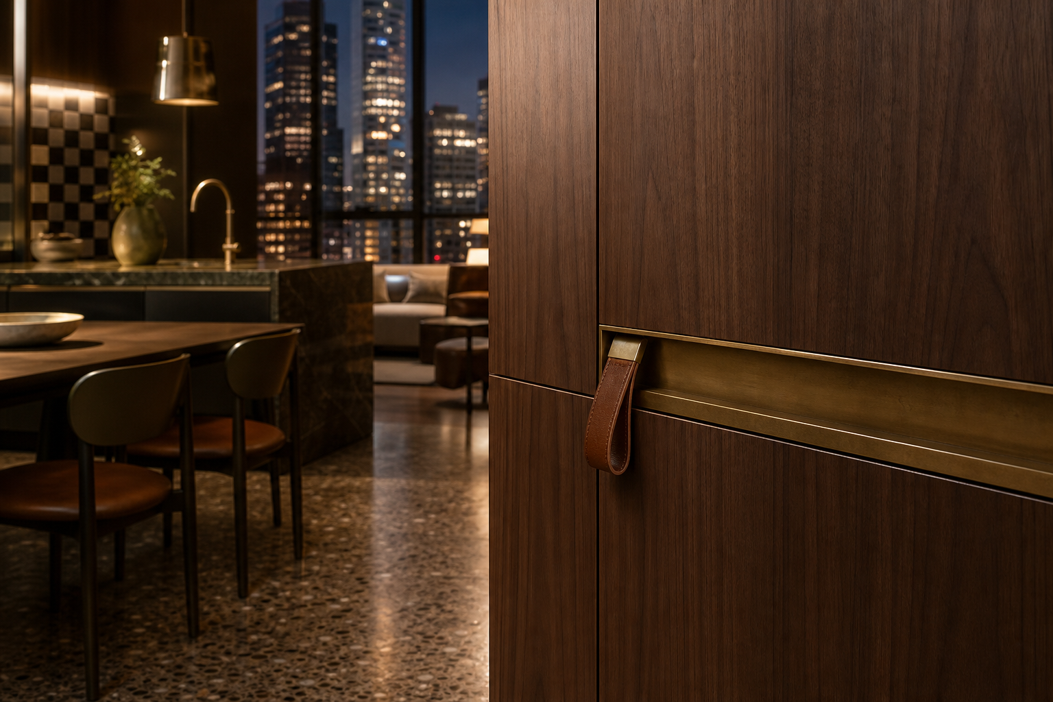 Fadior Voyage Wardrobe Suite with Spectral Patina Dressing Wall — close-up of stainless steel finish and hardware detail