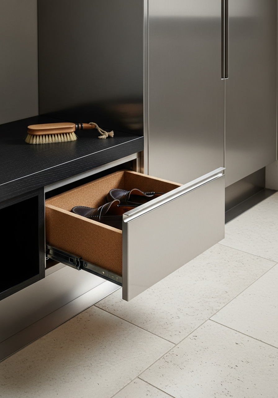 Fadior Archetype Entry Hall Cabinet — close-up of stainless steel finish and hardware detail