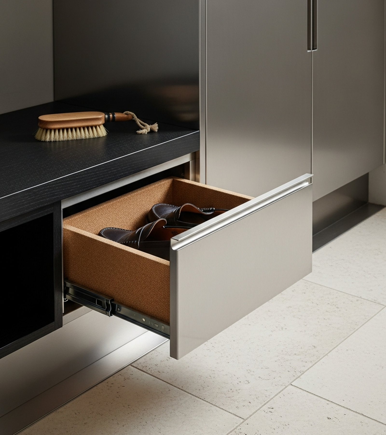 Fadior Archetype Entry Hall Cabinet — close-up of stainless steel finish and hardware detail