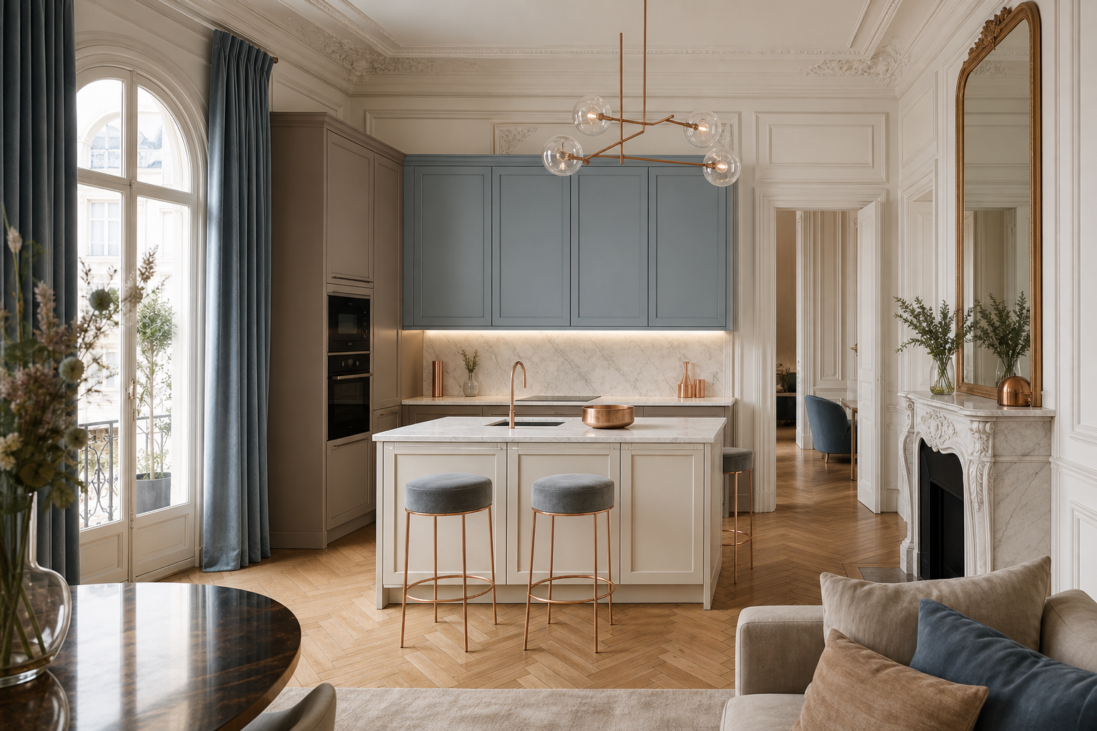 Material mood study with cream, taupe, soft blue, stone, parquet, and drapery for cabinet paint planning.