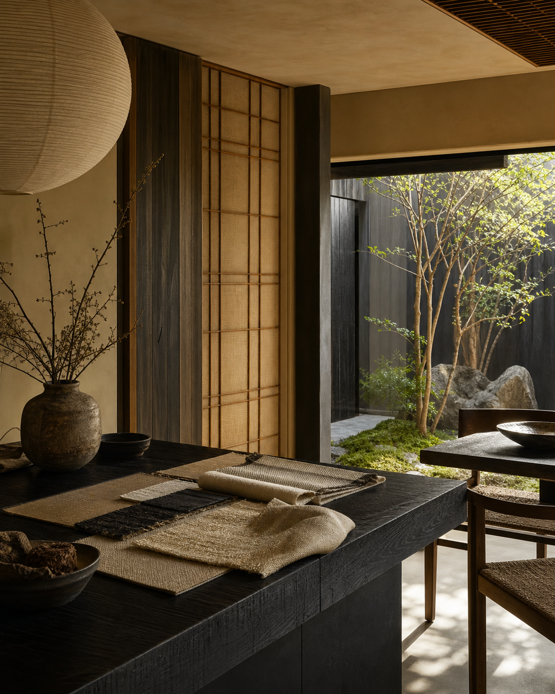 Residential kitchen context with woven samples, soft mochi tones, and courtyard light for buyer use.