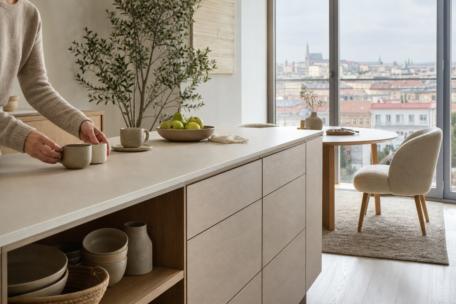 Fadior Brno 110 sqm Kitchen Penthouse - island counter, coffee cups, fruit bowl, cabinet drawers, city window